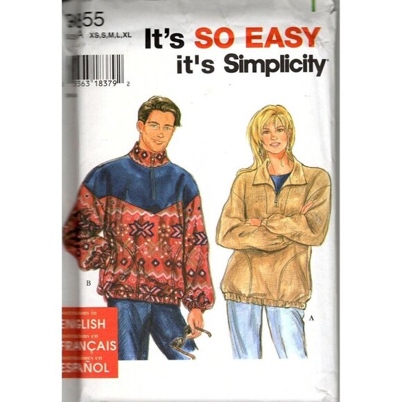 Simplicity 9855 Misses and Mens XS to XL Pullover Tops Uncut Sewing Pattern - Picture 1 of 2